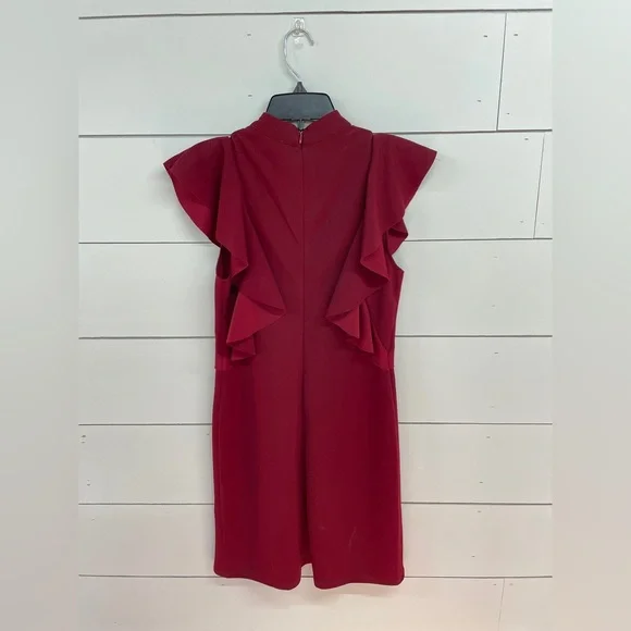She + Sky Red Wine Dress Flair Ruffle Sleeves - Picture 4 of 7